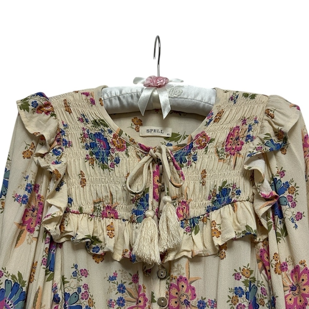 SPELL Solstice Cream Floral Long Sleeve Romper Ruffles Smocking Tassels size XS - Picture 5 of 13